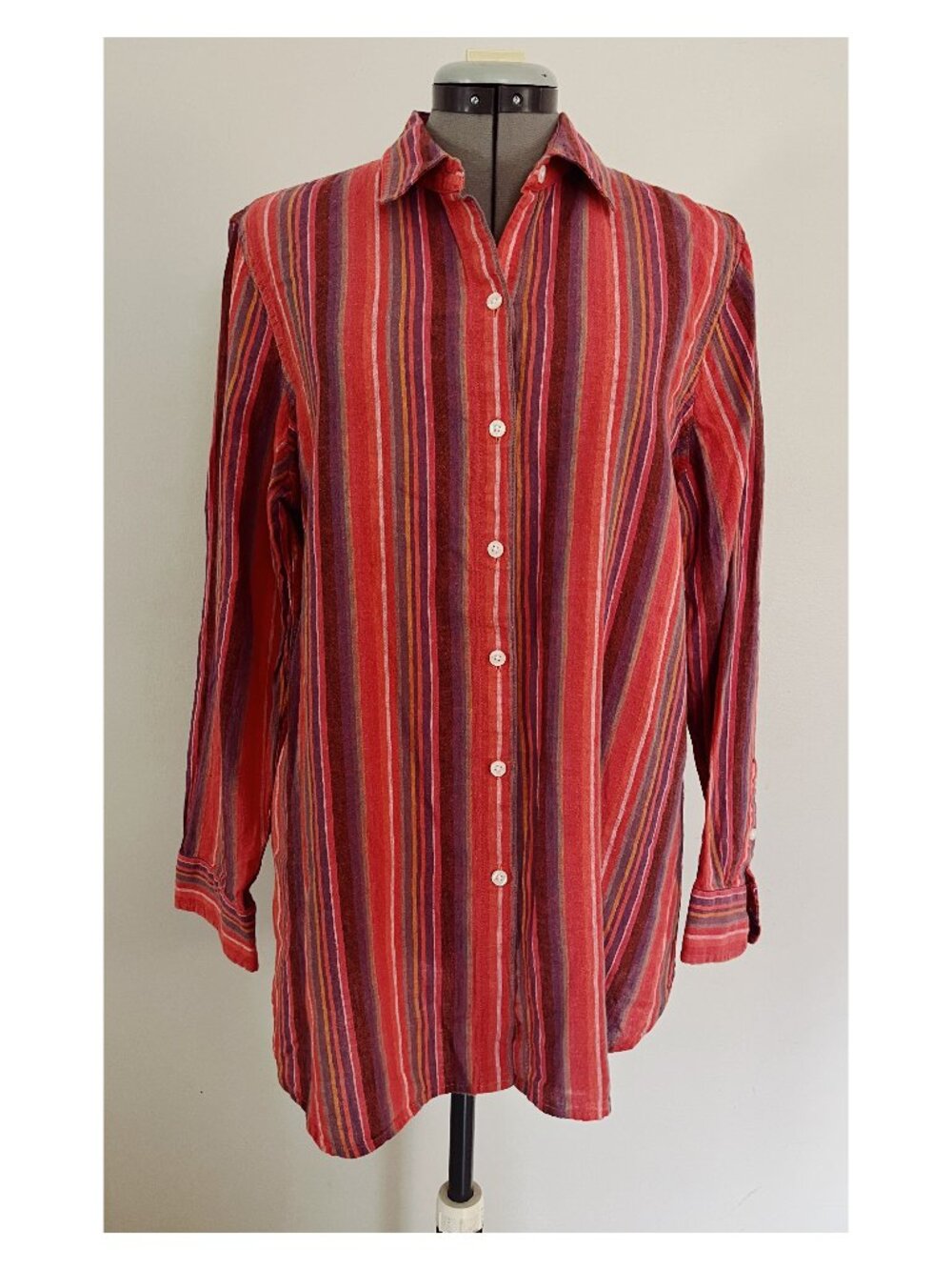 VTG Chaps Sz L Vertical Stripe Woven Cotton Multicolor Button Down Shirt